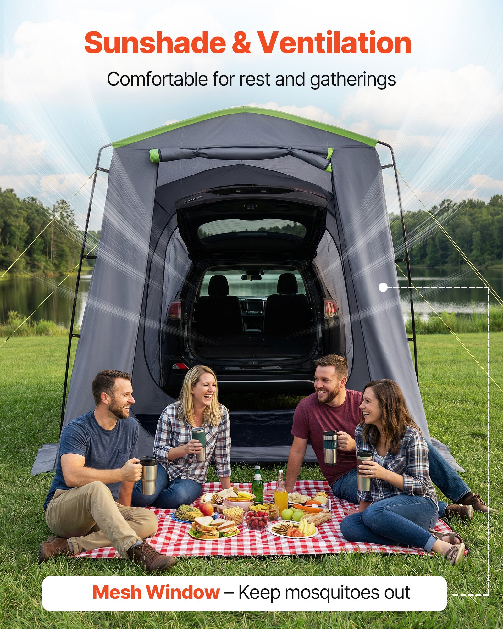 VEVOR Tienda de Campaña para Portón Trasero 323 x 244 x 220 cm para 5 a 9 Personas, Tienda de Campaña para Maletero de Coche con Puerta Ventilada y Ventanas de Malla para Acampar al Aire Libre