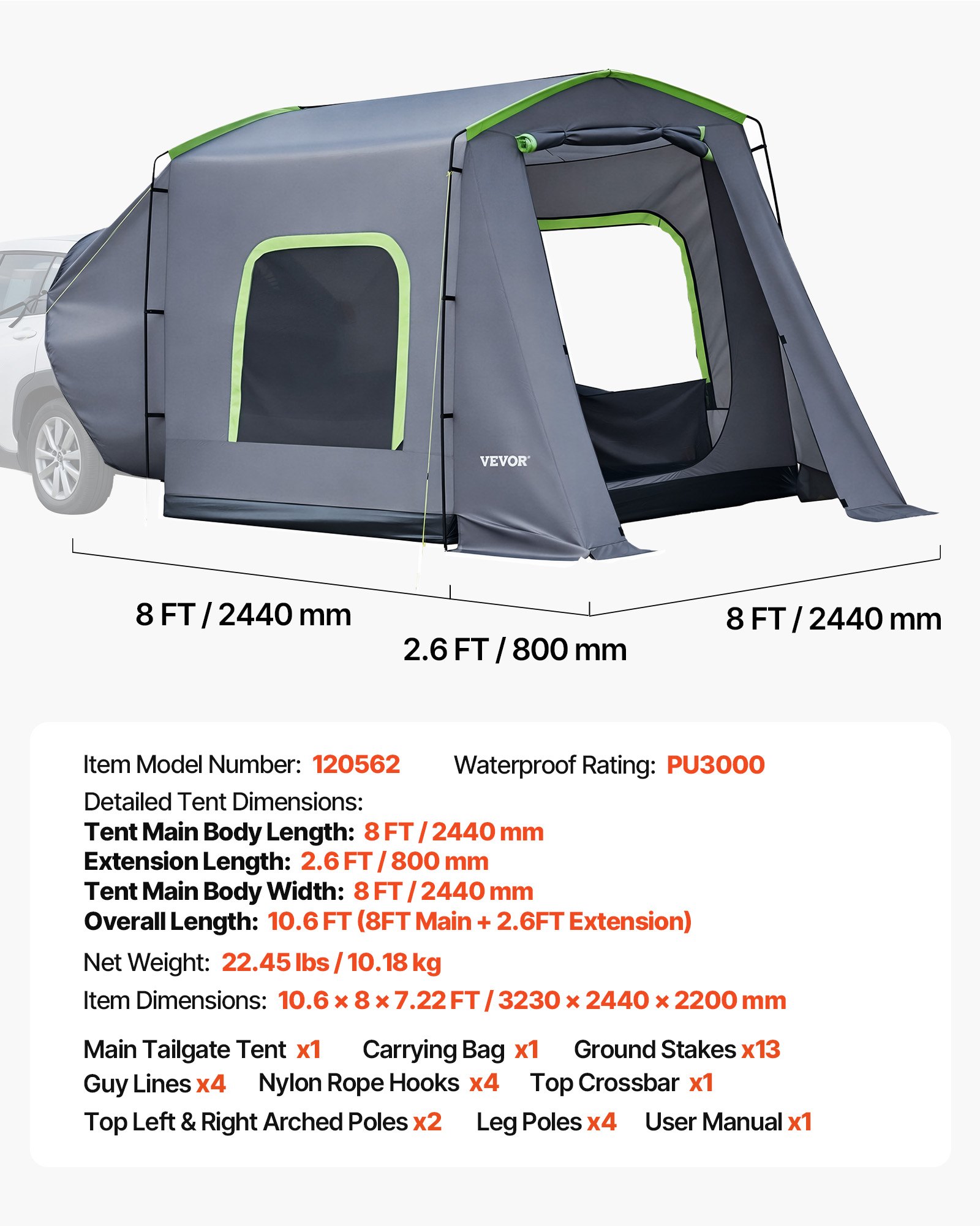 VEVOR Tienda de Campaña para Portón Trasero 323 x 244 x 220 cm para 5 a 9 Personas, Tienda de Campaña para Maletero de Coche con Puerta Ventilada y Ventanas de Malla para Acampar al Aire Libre