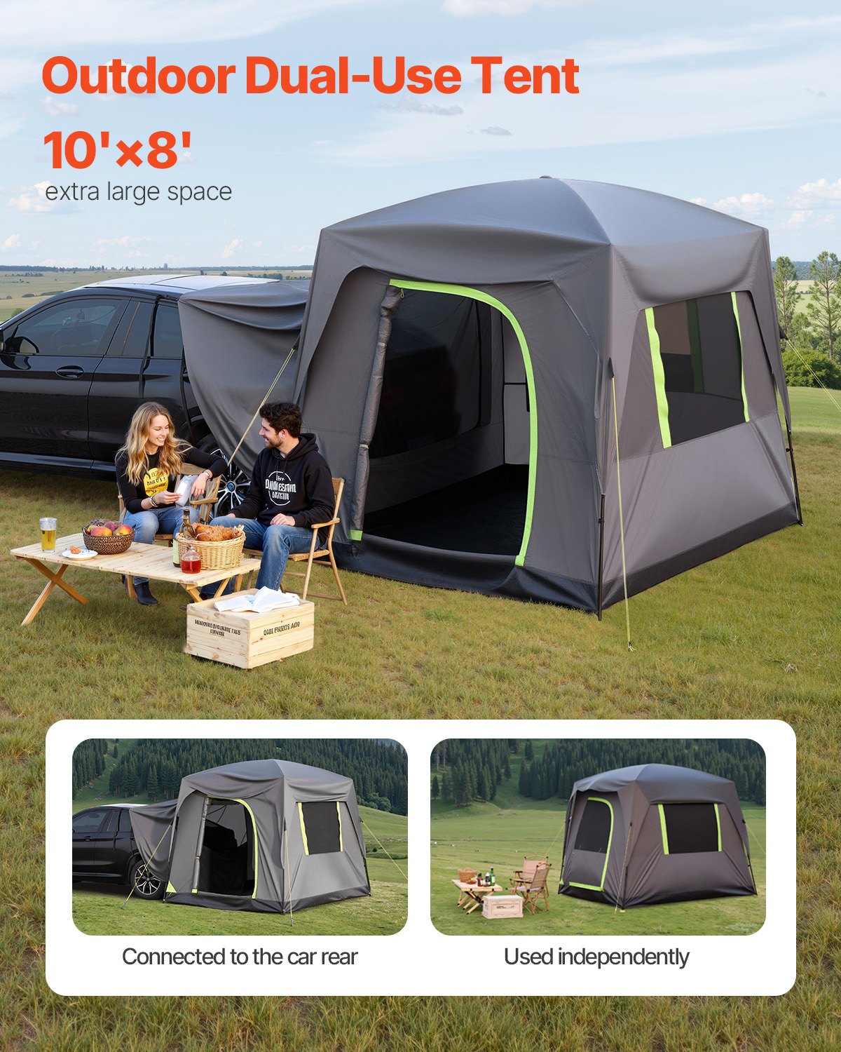 VEVOR Tienda de Campaña SUV para Acampar, PU2000 mm Impermeable, Diseño Espacioso de Doble Capa para 5-8 Personas, con Ventanas de Malla, Incluye Toldo y Bolsa de Almacenamiento, 2480 x 3080 x 2300 mm