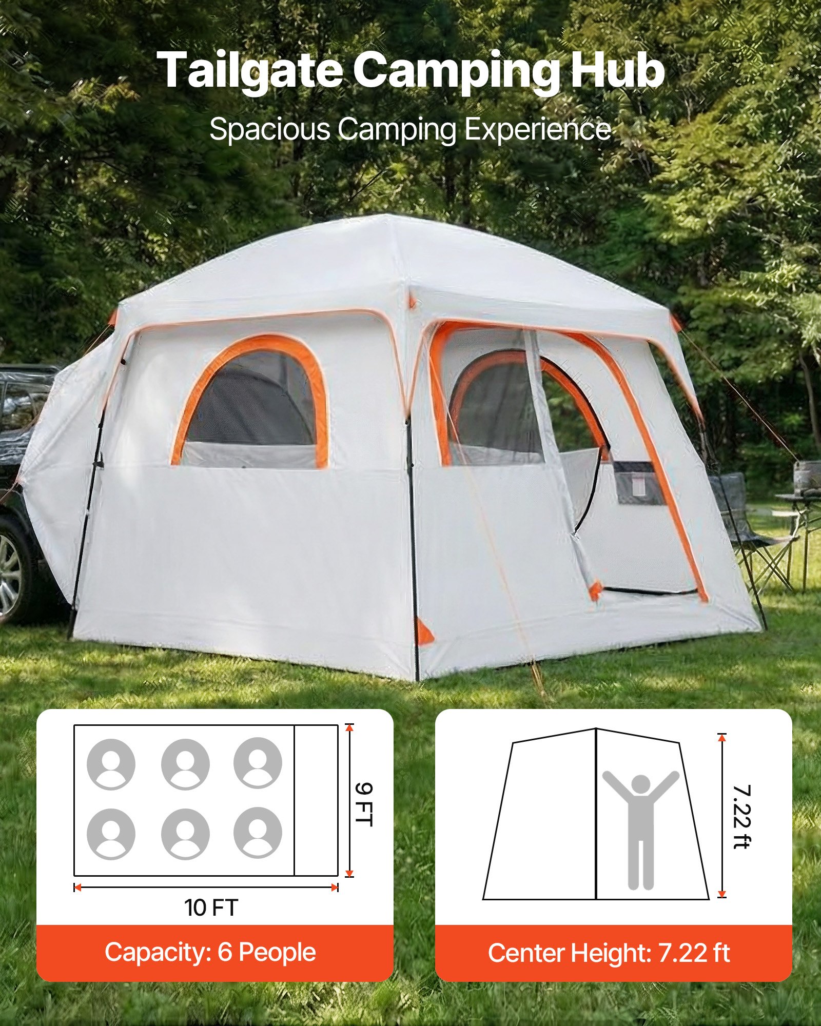 VEVOR Tienda de Campaña para Portón Trasero 304,8 x 274,3 x 220 cm para 6 Personas, Tienda de Campaña para Maletero de Coche con Puertas Ventiladas y Ventanas de Malla para Acampar al Aire Libre