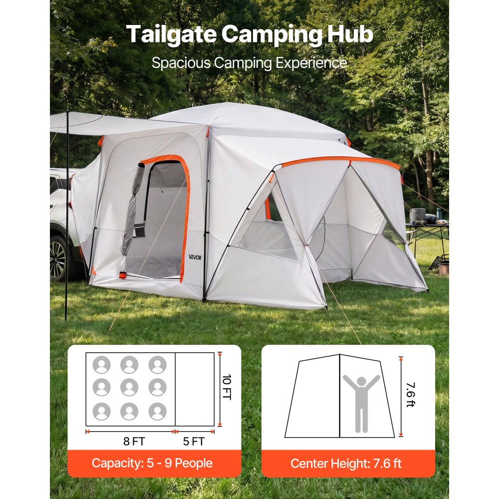 VEVOR Tienda de Campaña para Portón Trasero 396,4 x 305 x 233 cm para 5 a 9 Personas, Tienda de Campaña para Maletero de Coche con Puertas Ventiladas y Ventanas de Malla para Acampar al Aire Libre