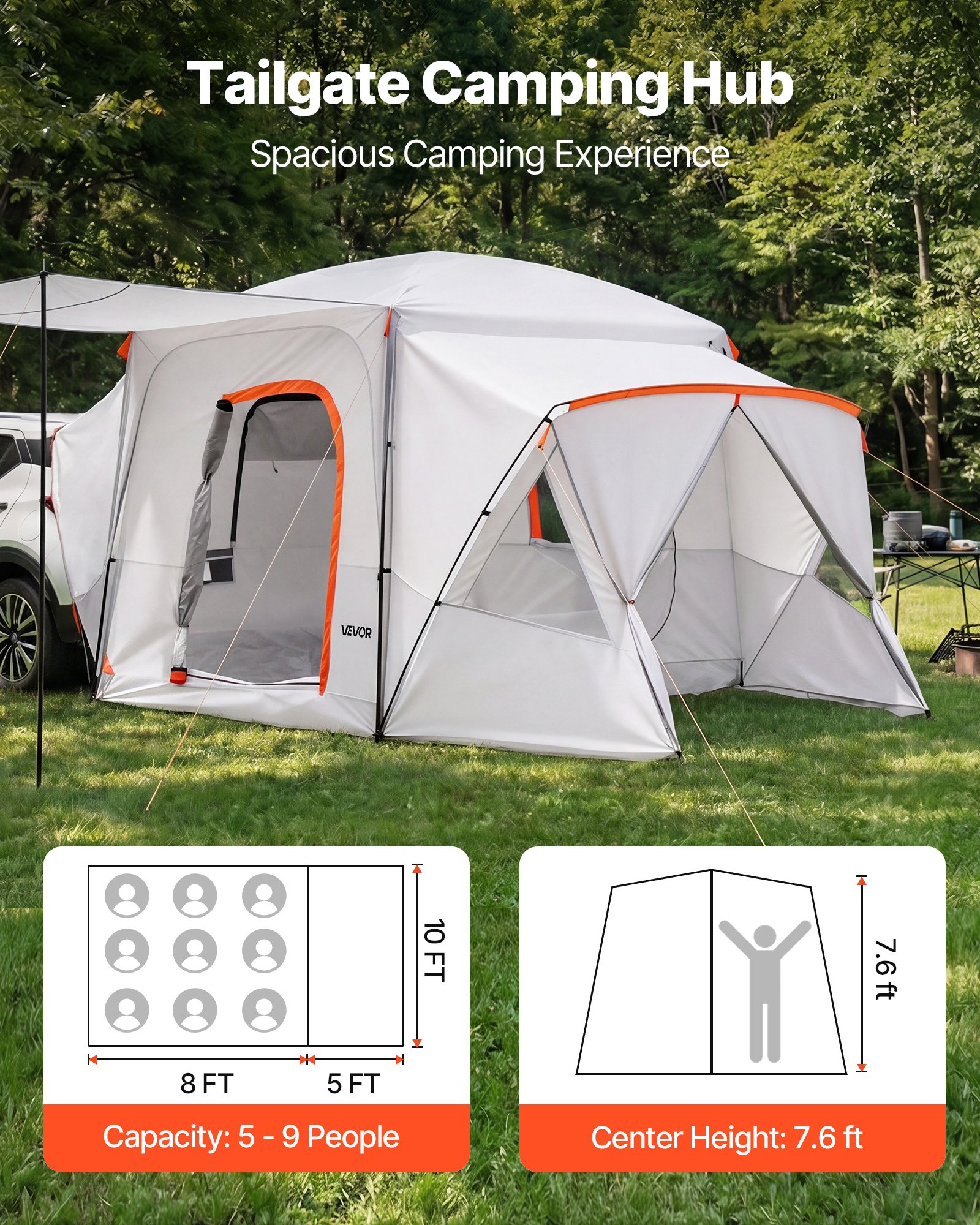 VEVOR Tienda de Campaña para Portón Trasero 396,4 x 305 x 233 cm para 5 a 9 Personas, Tienda de Campaña para Maletero de Coche con Puertas Ventiladas y Ventanas de Malla para Acampar al Aire Libre