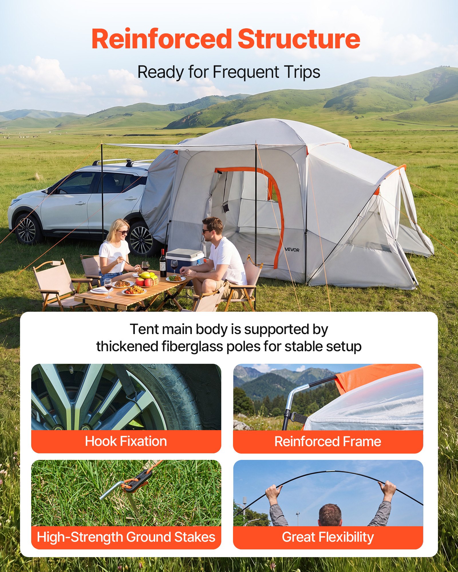 VEVOR Tienda de Campaña para Portón Trasero 396,4 x 305 x 233 cm para 5 a 9 Personas, Tienda de Campaña para Maletero de Coche con Puertas Ventiladas y Ventanas de Malla para Acampar al Aire Libre