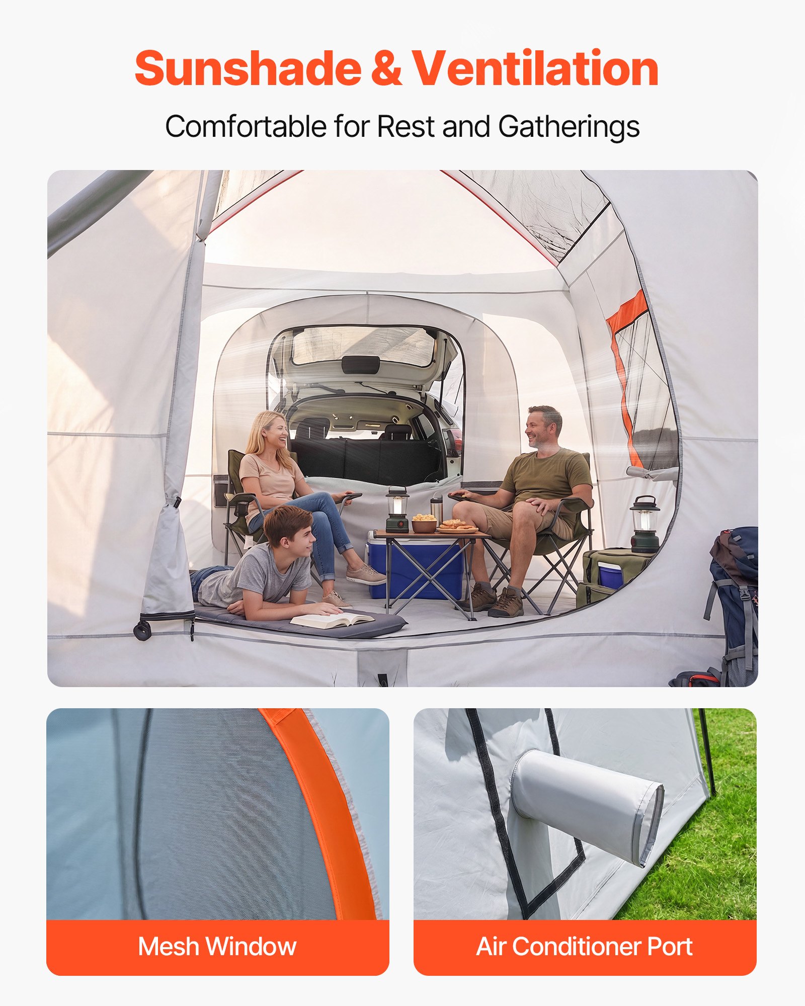VEVOR Tienda de Campaña para Portón Trasero 396,4 x 305 x 233 cm para 5 a 9 Personas, Tienda de Campaña para Maletero de Coche con Puertas Ventiladas y Ventanas de Malla para Acampar al Aire Libre