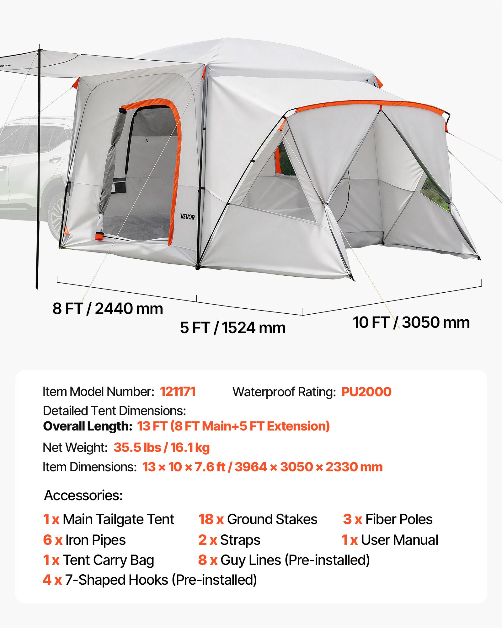 VEVOR Tienda de Campaña para Portón Trasero 396,4 x 305 x 233 cm para 5 a 9 Personas, Tienda de Campaña para Maletero de Coche con Puertas Ventiladas y Ventanas de Malla para Acampar al Aire Libre