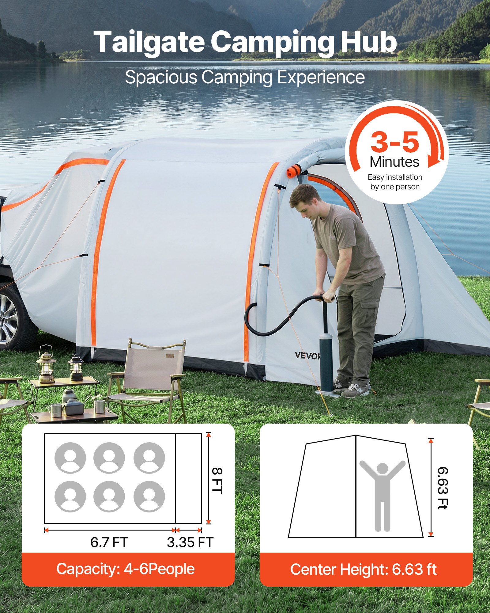 VEVOR Tienda de Campaña Inflable para Coche 243,8 x 204,2 x 202 cm para 4 a 6 Personas, Tienda de Campaña para Maletero de SUV con Puerta Ventilada y Ventana de Malla para Acampar al Aire Libre