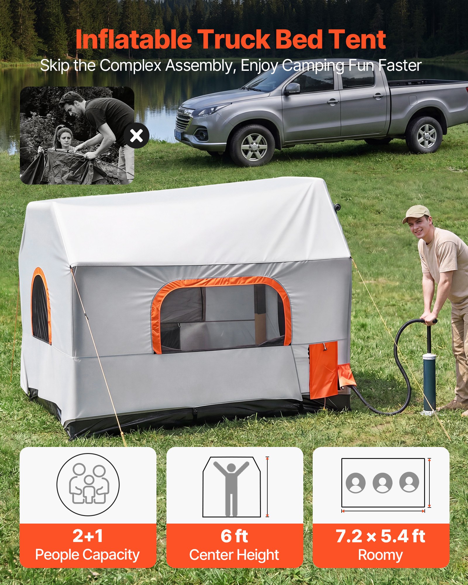 VEVOR Tienda de Campaña Inflable para Coche 219 x 165 x 183 cm, para 2 a 3 Personas, Tienda de Campaña para Maletero de SUV, con Puerta Ventilada y Ventana de Malla para Acampar al Aire Libre