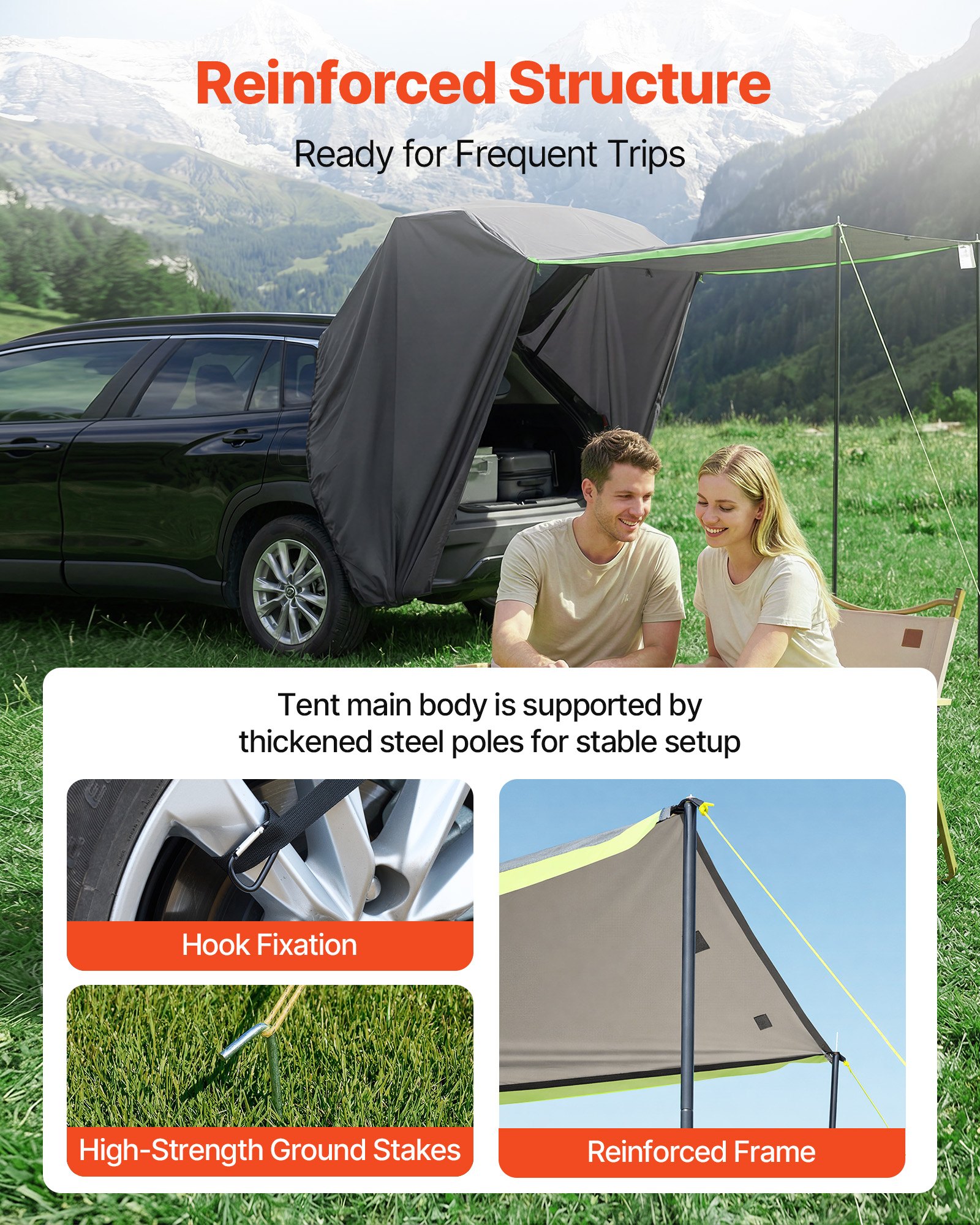 VEVOR Tienda de Campaña con Toldo para Coche Tamaño Principal de 150 x 150 cm, Tienda de Sombra para Portón Trasero Impermeable PU2000 mm con Bolsa de Transporte, Carpa para Acampar al Aire Libre