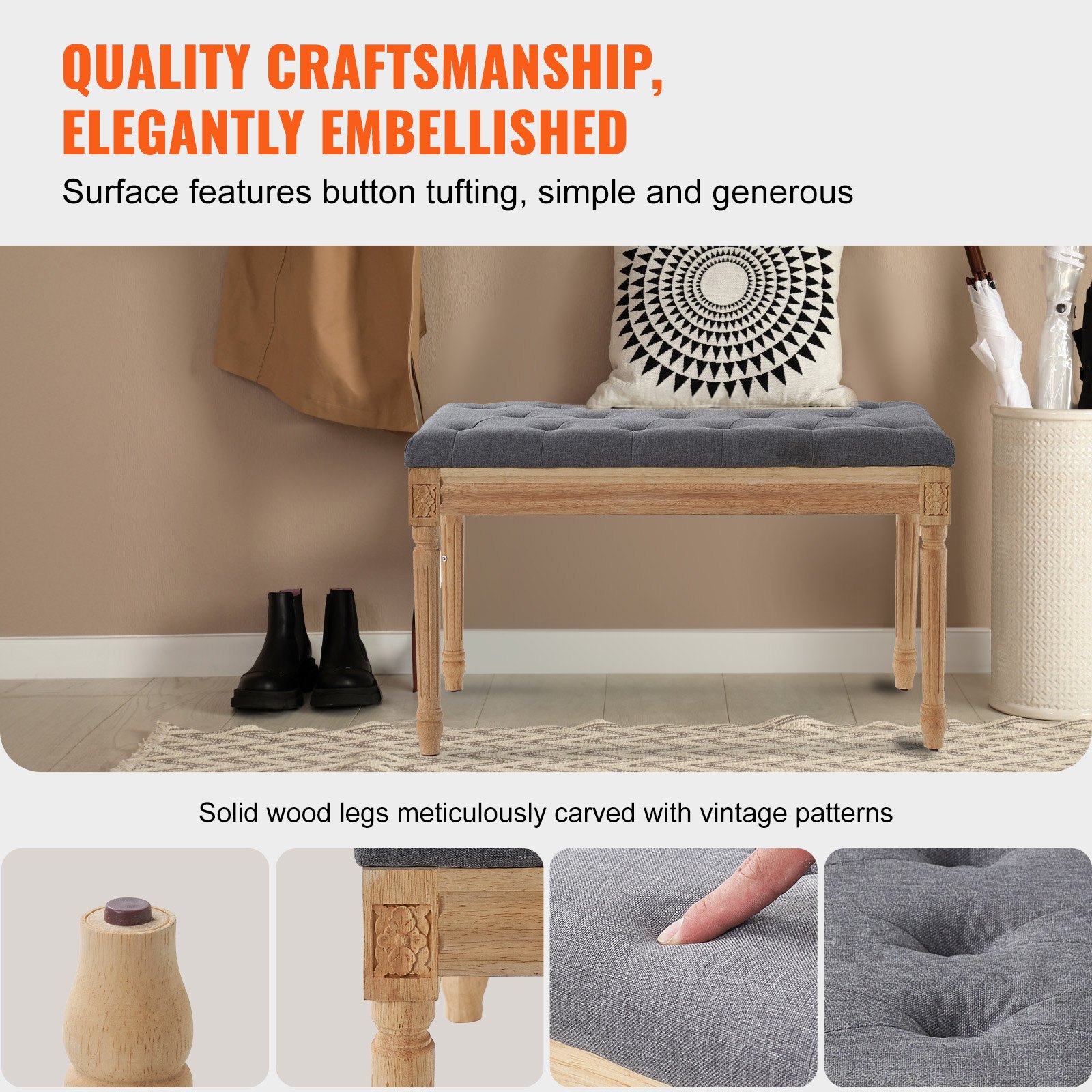 VEVOR Banco Tapizado 80x40x48 cm Banco de Entrada con Cojín Acolchado de Espuma y Patas de Madera de Goma, Reposapiés Acolchado Carga 100 kg, para Comedor, Salón, Dormitorio, Pasillo, Gris