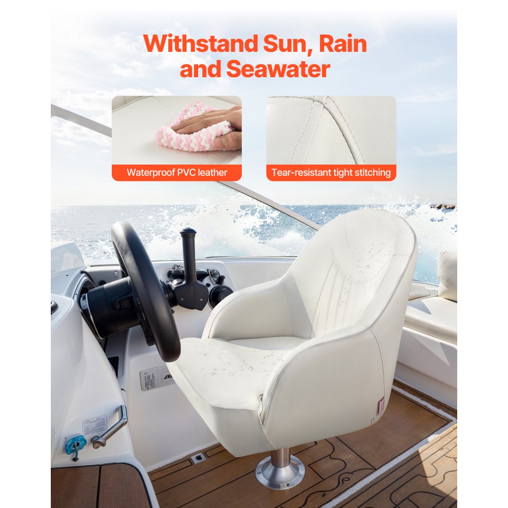 VEVOR Asiento de Barco con Respaldo Bajo Abatible Asiento de Capitán Tipo Cubo con Cojín de Esponja Engrosada Cuero de PVC Impermeable Diseño Ergonómico Plegable para Barcos de Pesca, Yates, Blanco