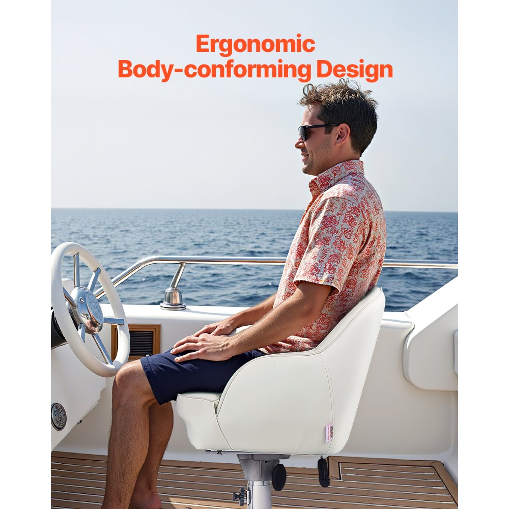 VEVOR Asiento de Barco con Respaldo Bajo Abatible Asiento de Capitán Tipo Cubo con Cojín de Esponja Engrosada Cuero de PVC Impermeable Diseño Ergonómico Plegable para Barcos de Pesca, Yates, Blanco