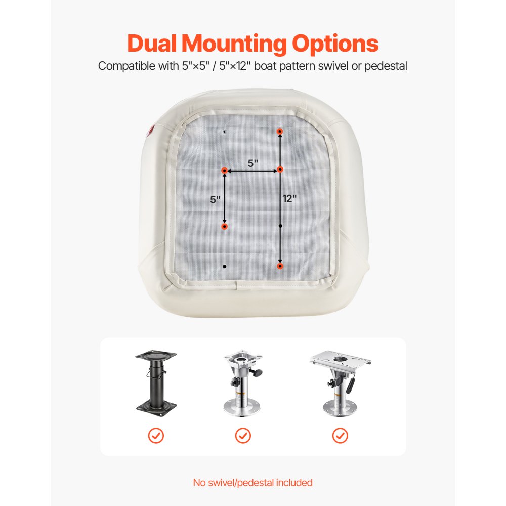 VEVOR Asiento de Barco con Respaldo Bajo Abatible Asiento de Capitán Tipo Cubo con Cojín de Esponja Engrosada Cuero de PVC Impermeable Diseño Ergonómico Plegable para Barcos de Pesca, Yates, Blanco