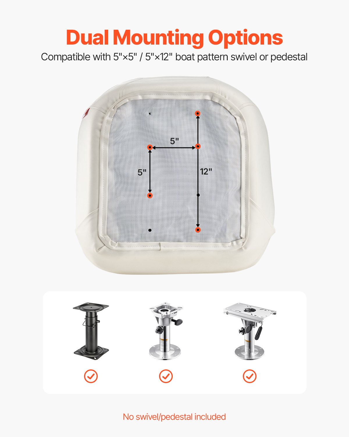 VEVOR Asiento de Barco con Respaldo Bajo Abatible Asiento de Capitán Tipo Cubo con Cojín de Esponja Engrosada Cuero de PVC Impermeable Diseño Ergonómico Plegable para Barcos de Pesca, Yates, Blanco