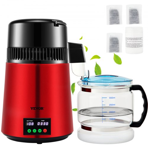 VEVOR Destilador de Agua 4 L Filtro de Destilación de Agua con Recipiente de Vidrio 750 W 1 L/H Ajuste de Velocidad, Destilación Filtro Purificador 3582 g de Acero Inoxidable con Pantalla Doble, Rojo