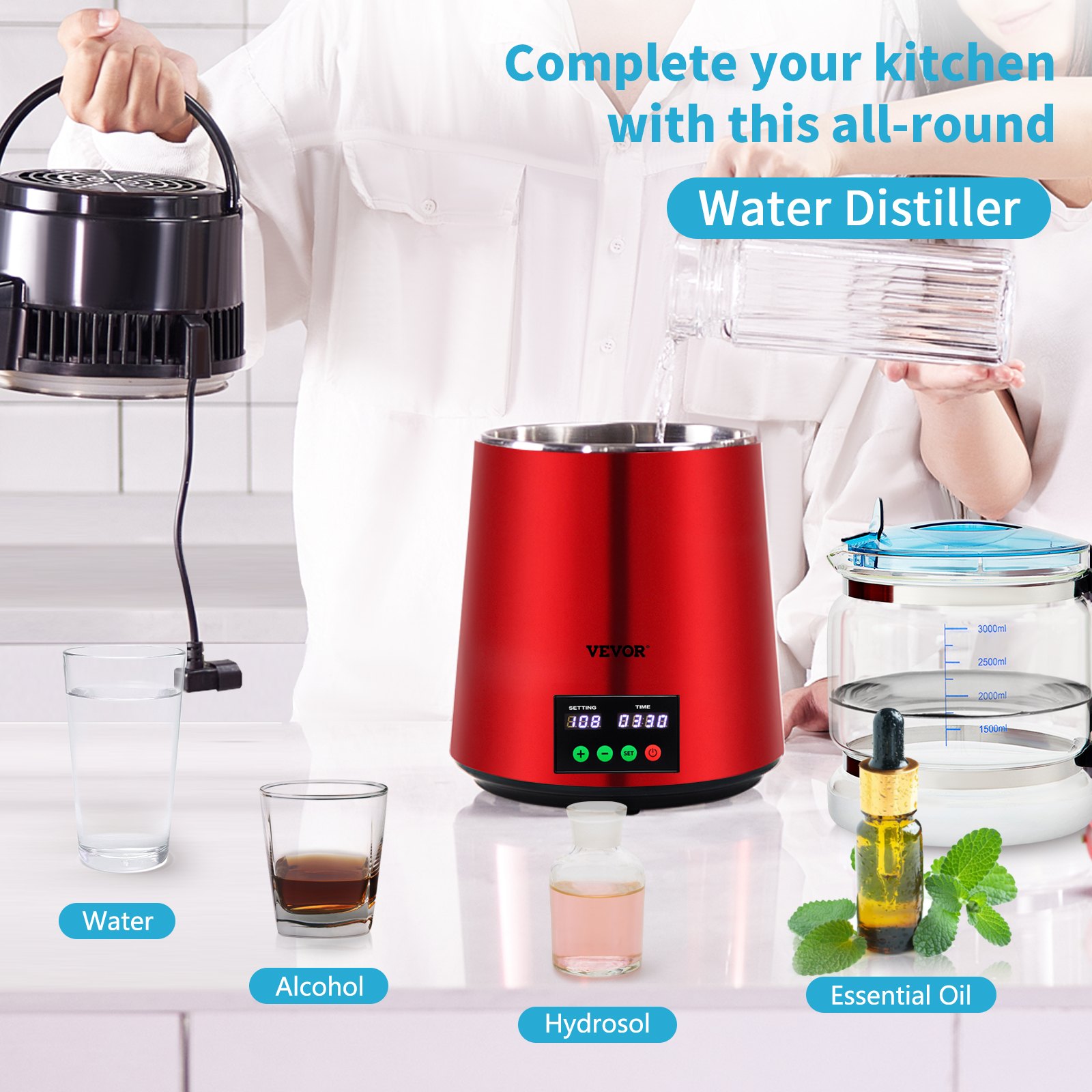 VEVOR Destilador de Agua 4 L Filtro de Destilación de Agua con Recipiente de Vidrio 750 W 1 L/H Ajuste de Velocidad, Destilación Filtro Purificador 3582 g de Acero Inoxidable con Pantalla Doble, Rojo