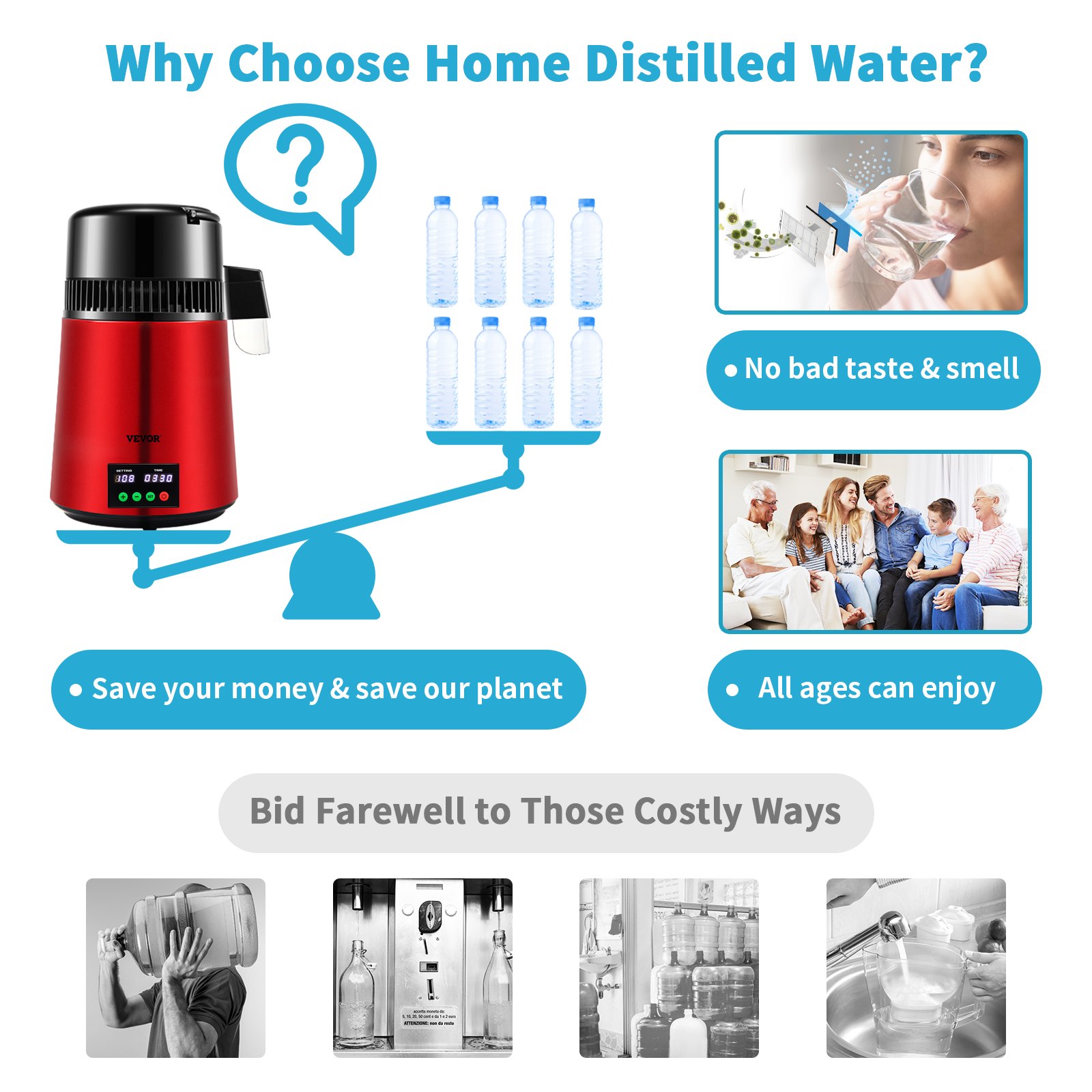 VEVOR Destilador de Agua 4 L Filtro de Destilación de Agua con Recipiente de Vidrio 750 W 1 L/H Ajuste de Velocidad, Destilación Filtro Purificador 3582 g de Acero Inoxidable con Pantalla Doble, Rojo