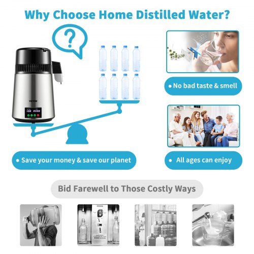 VEVOR Destilador de Agua 4 L Filtro de Destilación de Agua con Recipiente de Vidrio 750W 1 L/H Ajuste de Velocidad, Destilación Filtro Purificador 7,9 lbs de Acero Inoxidable con Pantalla Doble, Plata