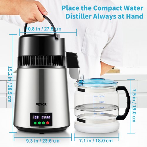 VEVOR Destilador de Agua 4 L Filtro de Destilación de Agua con Recipiente de Vidrio 750W 1 L/H Ajuste de Velocidad, Destilación Filtro Purificador 7,9 lbs de Acero Inoxidable con Pantalla Doble, Plata