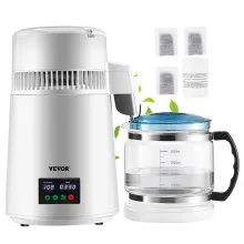 VEVOR Destilador de Agua 4L Filtro de Destilación de Agua con Recipiente de Plástico 750W 1L/H Ajuste de Velocidad, Destilación Filtro Purificador 3582 g de Acero Inoxidable con Pantalla Doble, Blanco