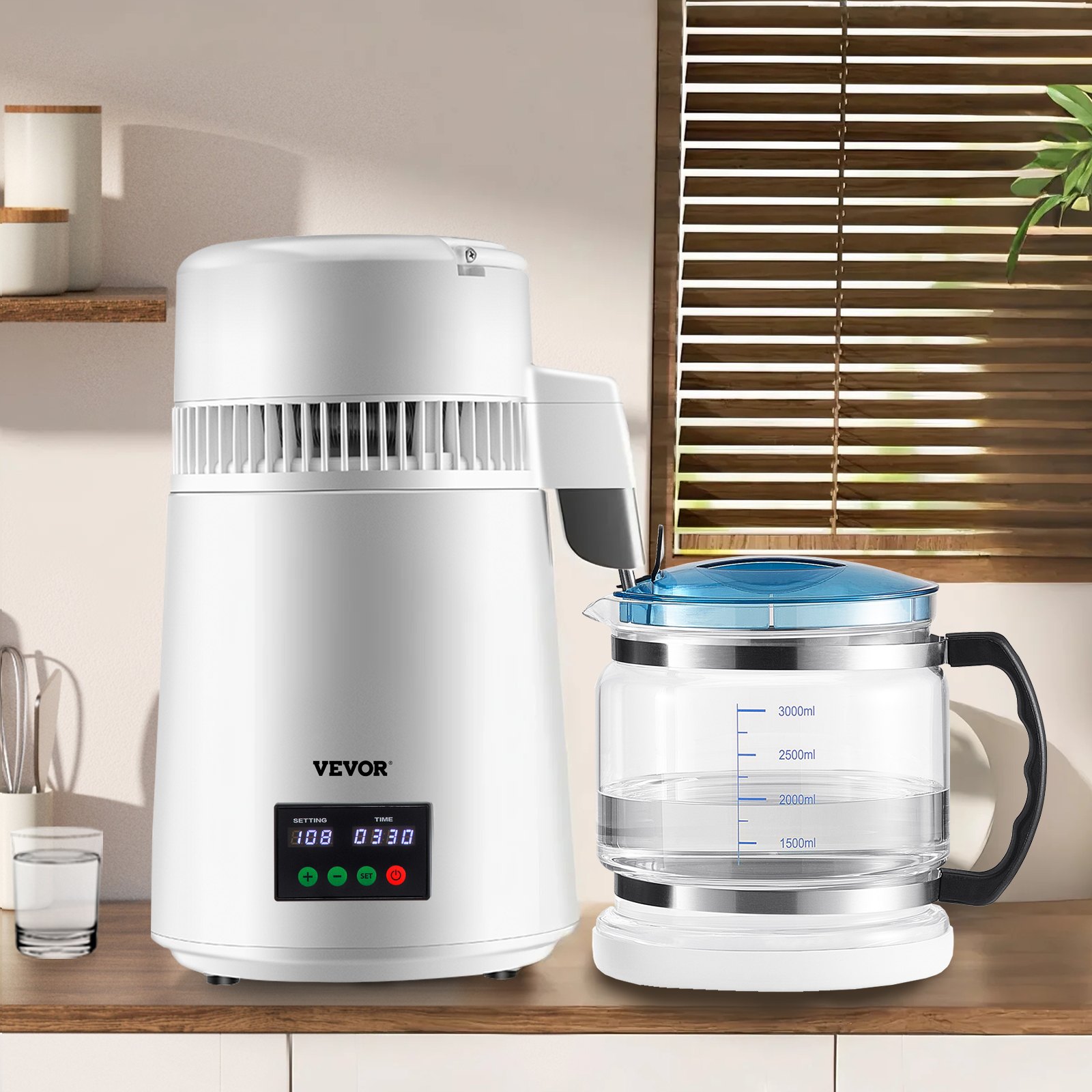 VEVOR Destilador de Agua 4L Filtro de Destilación de Agua con Recipiente de Plástico 750W 1L/H Ajuste de Velocidad, Destilación Filtro Purificador 3582 g de Acero Inoxidable con Pantalla Doble, Blanco