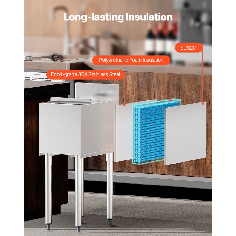 VEVOR Contenedor de Hielo de 28 L para Debajo del Mostrador de 305 x 483 x 937 mm, de Acero Inoxidable con Tapa Deslizante y Patas de Bola Ajustables, Carrito Refrigerado para Bar, Restaurante