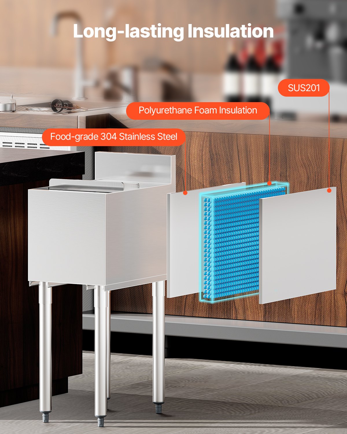 VEVOR Contenedor de Hielo de 28 L para Debajo del Mostrador de 305 x 483 x 937 mm, de Acero Inoxidable con Tapa Deslizante y Patas de Bola Ajustables, Carrito Refrigerado para Bar, Restaurante