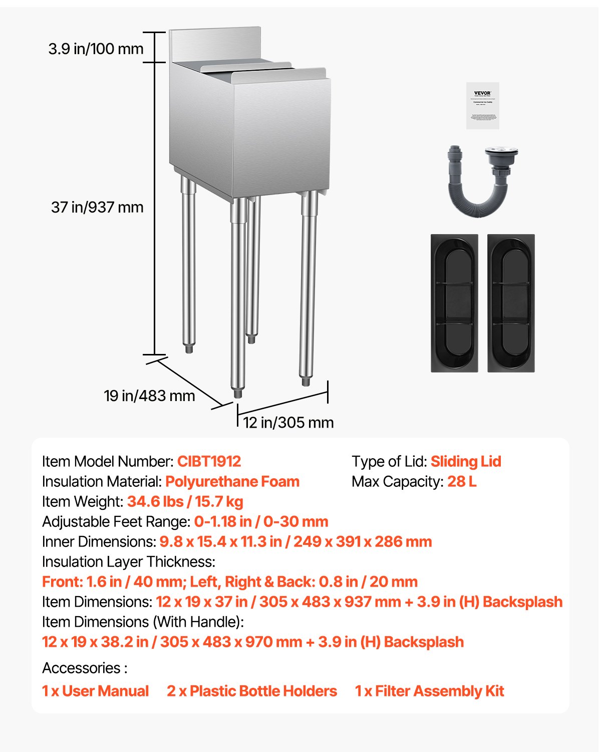 VEVOR Contenedor de Hielo de 28 L para Debajo del Mostrador de 305 x 483 x 937 mm, de Acero Inoxidable con Tapa Deslizante y Patas de Bola Ajustables, Carrito Refrigerado para Bar, Restaurante