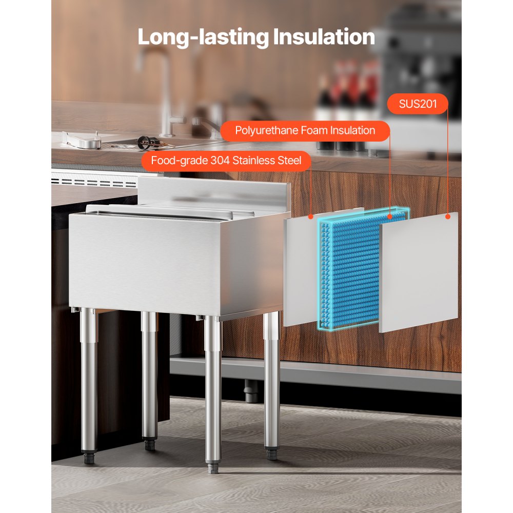 VEVOR Contenedor de Hielo de 61 L para Debajo del Mostrador de 610 x 482 x 937 mm, de Acero Inoxidable con Tapa Deslizante y Patas de Bola Ajustables, Apto para Bar, Restaurante, Cocina, Plata