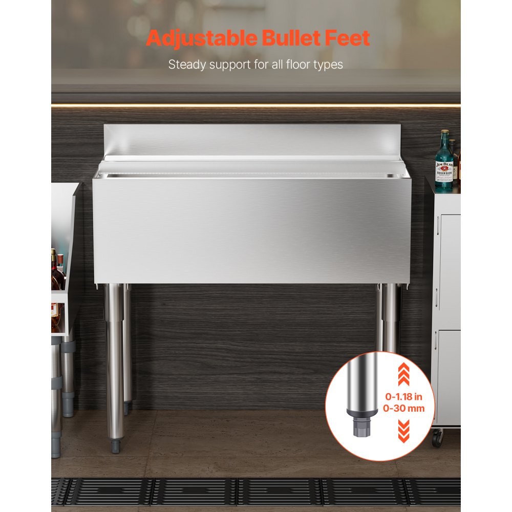 VEVOR Contenedor de Hielo Comercial 95,3 L para Debajo del Mostrador(913 x 483 x 937 mm), de Acero Inoxidable con Tapa Deslizante y Patas de bola Ajustables, para Bar, Restaurante, Cocina, Plata