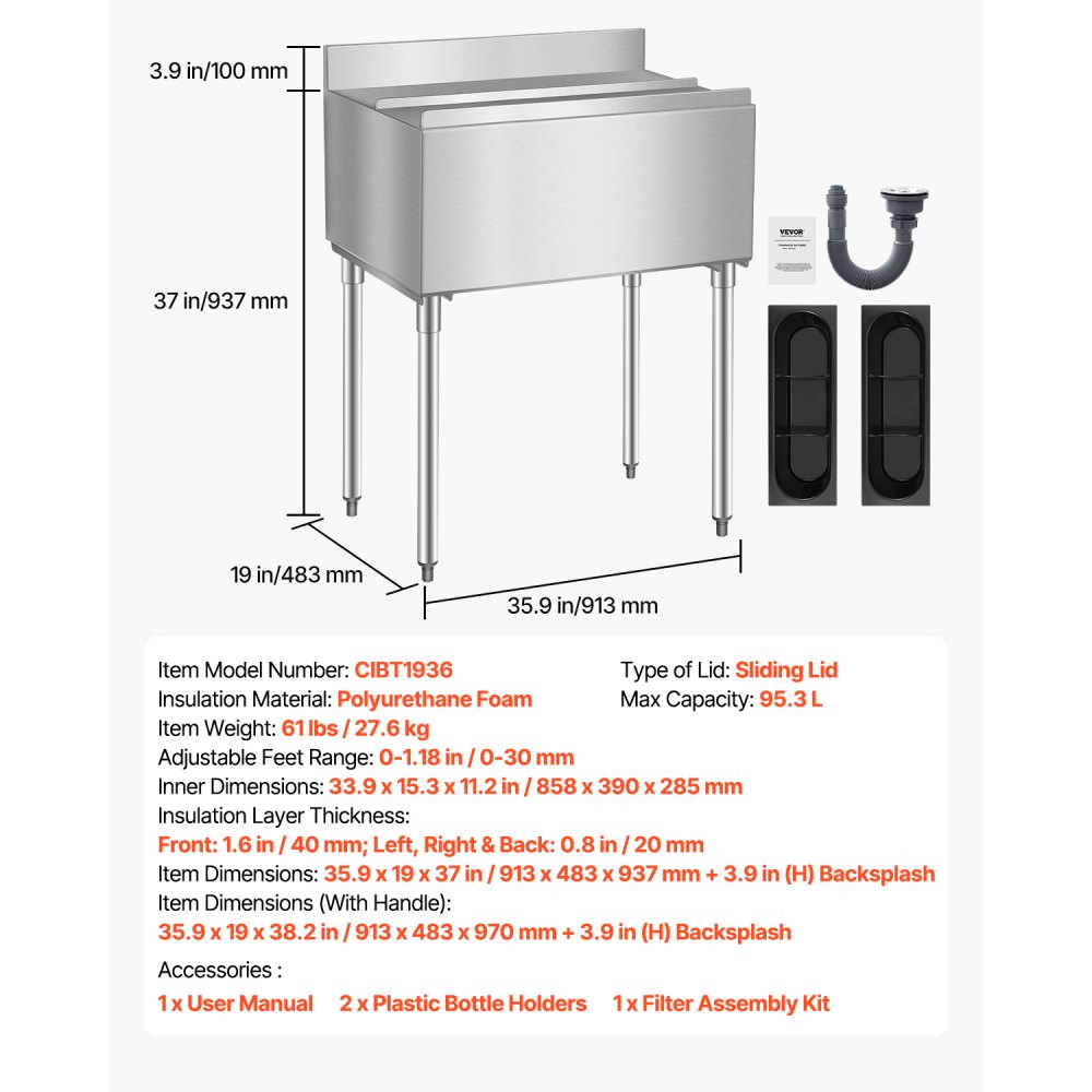 VEVOR Contenedor de Hielo Comercial 95,3 L para Debajo del Mostrador(913 x 483 x 937 mm), de Acero Inoxidable con Tapa Deslizante y Patas de bola Ajustables, para Bar, Restaurante, Cocina, Plata