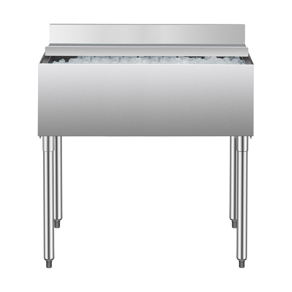 VEVOR Contenedor de Hielo Comercial 95,3 L para Debajo del Mostrador(913 x 483 x 937 mm), de Acero Inoxidable con Tapa Deslizante y Patas de bola Ajustables, para Bar, Restaurante, Cocina, Plata
