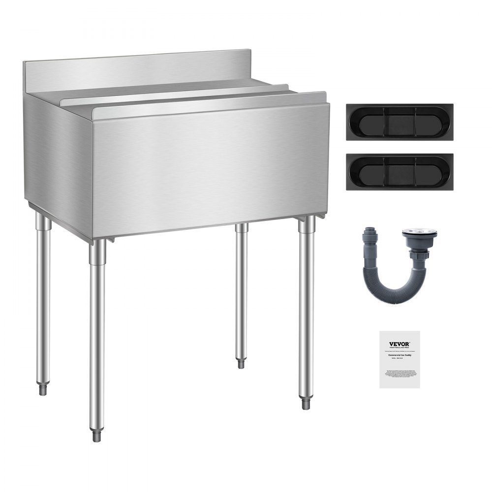 VEVOR Contenedor de Hielo Comercial 95,3 L para Debajo del Mostrador(913 x 483 x 937 mm), de Acero Inoxidable con Tapa Deslizante y Patas de bola Ajustables, para Bar, Restaurante, Cocina, Plata