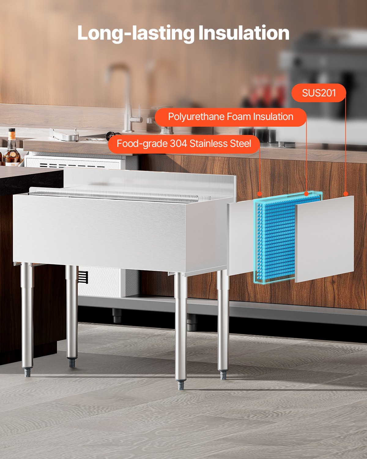 VEVOR Contenedor de Hielo Comercial 95,3 L para Debajo del Mostrador(913 x 483 x 937 mm), de Acero Inoxidable con Tapa Deslizante y Patas de bola Ajustables, para Bar, Restaurante, Cocina, Plata