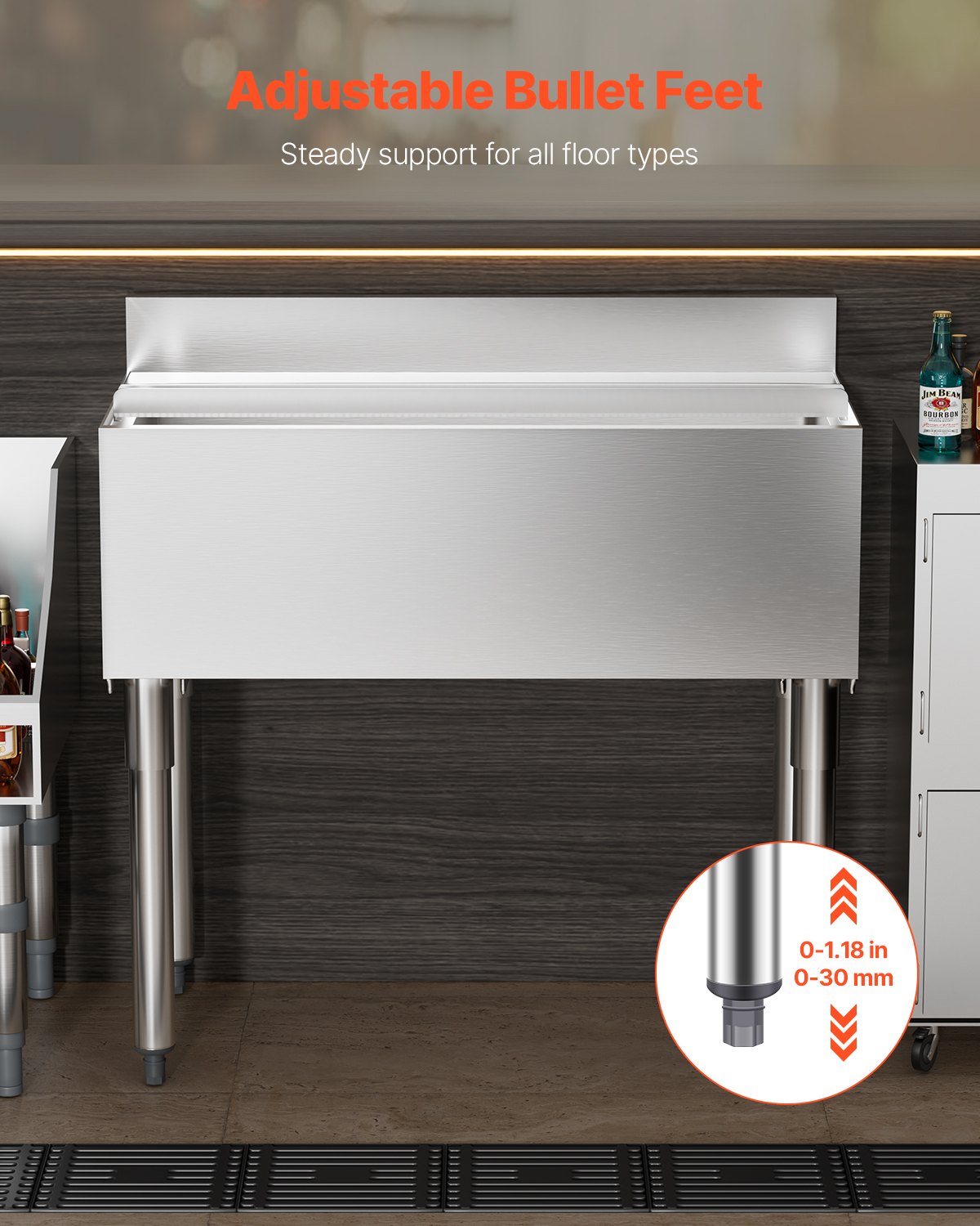 VEVOR Contenedor de Hielo Comercial 95,3 L para Debajo del Mostrador(913 x 483 x 937 mm), de Acero Inoxidable con Tapa Deslizante y Patas de bola Ajustables, para Bar, Restaurante, Cocina, Plata