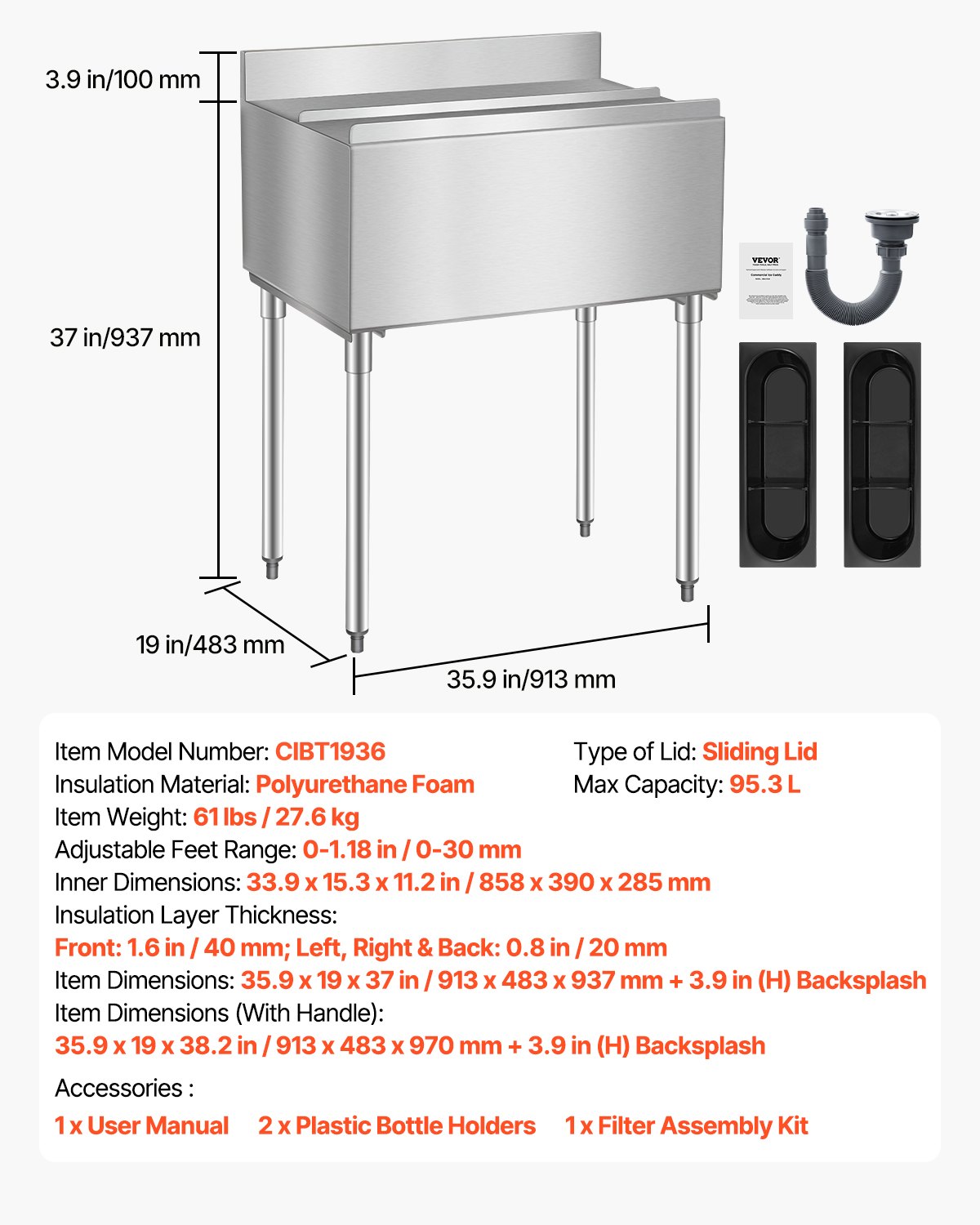 VEVOR Contenedor de Hielo Comercial 95,3 L para Debajo del Mostrador(913 x 483 x 937 mm), de Acero Inoxidable con Tapa Deslizante y Patas de bola Ajustables, para Bar, Restaurante, Cocina, Plata