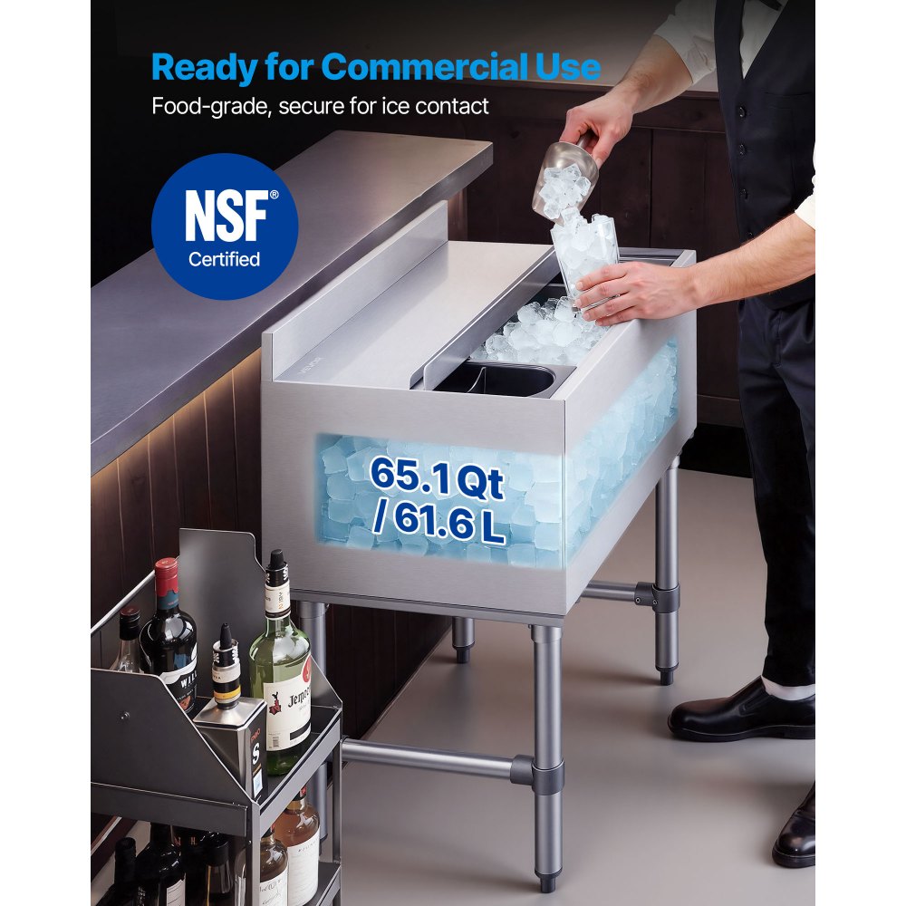 VEVOR Contenedor de Hielo Comercial Capacidad Máxima de 61,6 L, Depósito de Hielo de Acero Inoxidable 61x48,2x85 cm para Debajo de Barra con Tapa Deslizante y Portabotellas para Bar, Restaurante