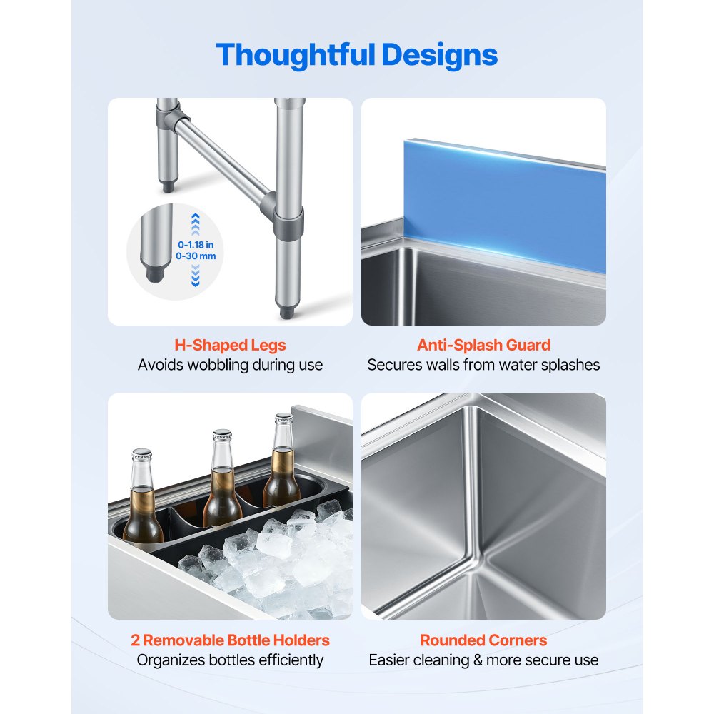 VEVOR Contenedor de Hielo Comercial Capacidad Máxima de 61,6 L, Depósito de Hielo de Acero Inoxidable 61x48,2x85 cm para Debajo de Barra con Tapa Deslizante y Portabotellas para Bar, Restaurante