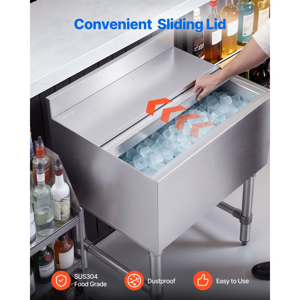 VEVOR Contenedor de Hielo Comercial Capacidad Máxima de 61,6 L, Depósito de Hielo de Acero Inoxidable 61x48,2x85 cm para Debajo de Barra con Tapa Deslizante y Portabotellas para Bar, Restaurante