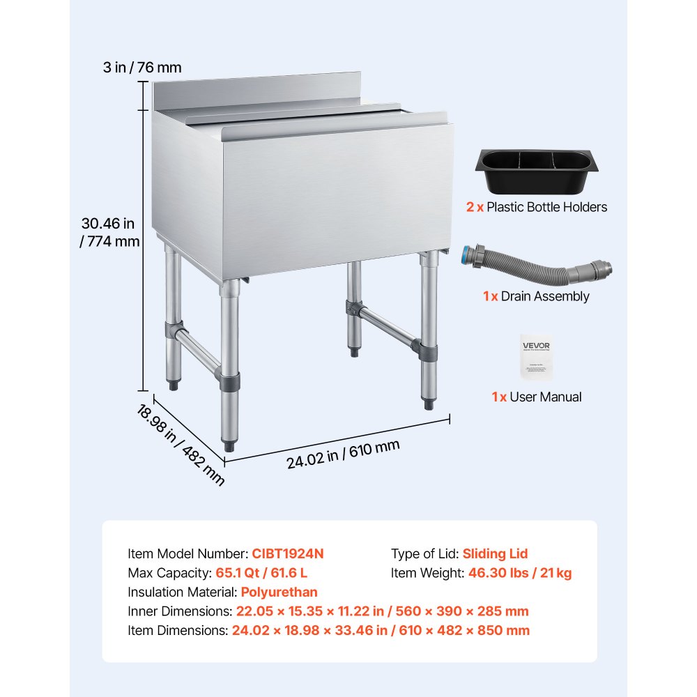 VEVOR Contenedor de Hielo Comercial Capacidad Máxima de 61,6 L, Depósito de Hielo de Acero Inoxidable 61x48,2x85 cm para Debajo de Barra con Tapa Deslizante y Portabotellas para Bar, Restaurante
