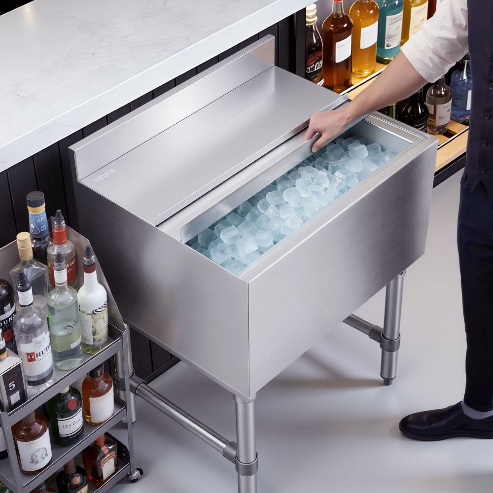 VEVOR Contenedor de Hielo Comercial Capacidad Máxima de 61,6 L, Depósito de Hielo de Acero Inoxidable 61x48,2x85 cm para Debajo de Barra con Tapa Deslizante y Portabotellas para Bar, Restaurante