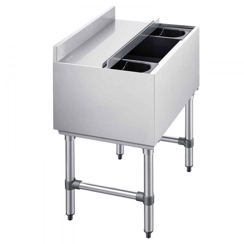 VEVOR Contenedor de Hielo Comercial Capacidad Máxima de 61,6 L, Depósito de Hielo de Acero Inoxidable 61x48,2x85 cm para Debajo de Barra con Tapa Deslizante y Portabotellas para Bar, Restaurante