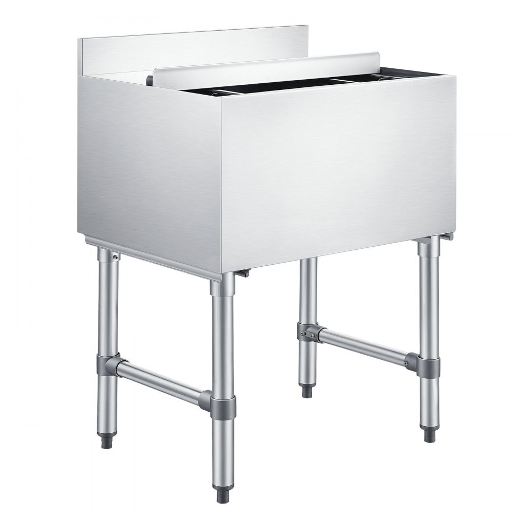 VEVOR Contenedor de Hielo Comercial Capacidad Máxima de 61,6 L, Depósito de Hielo de Acero Inoxidable 61x48,2x85 cm para Debajo de Barra con Tapa Deslizante y Portabotellas para Bar, Restaurante