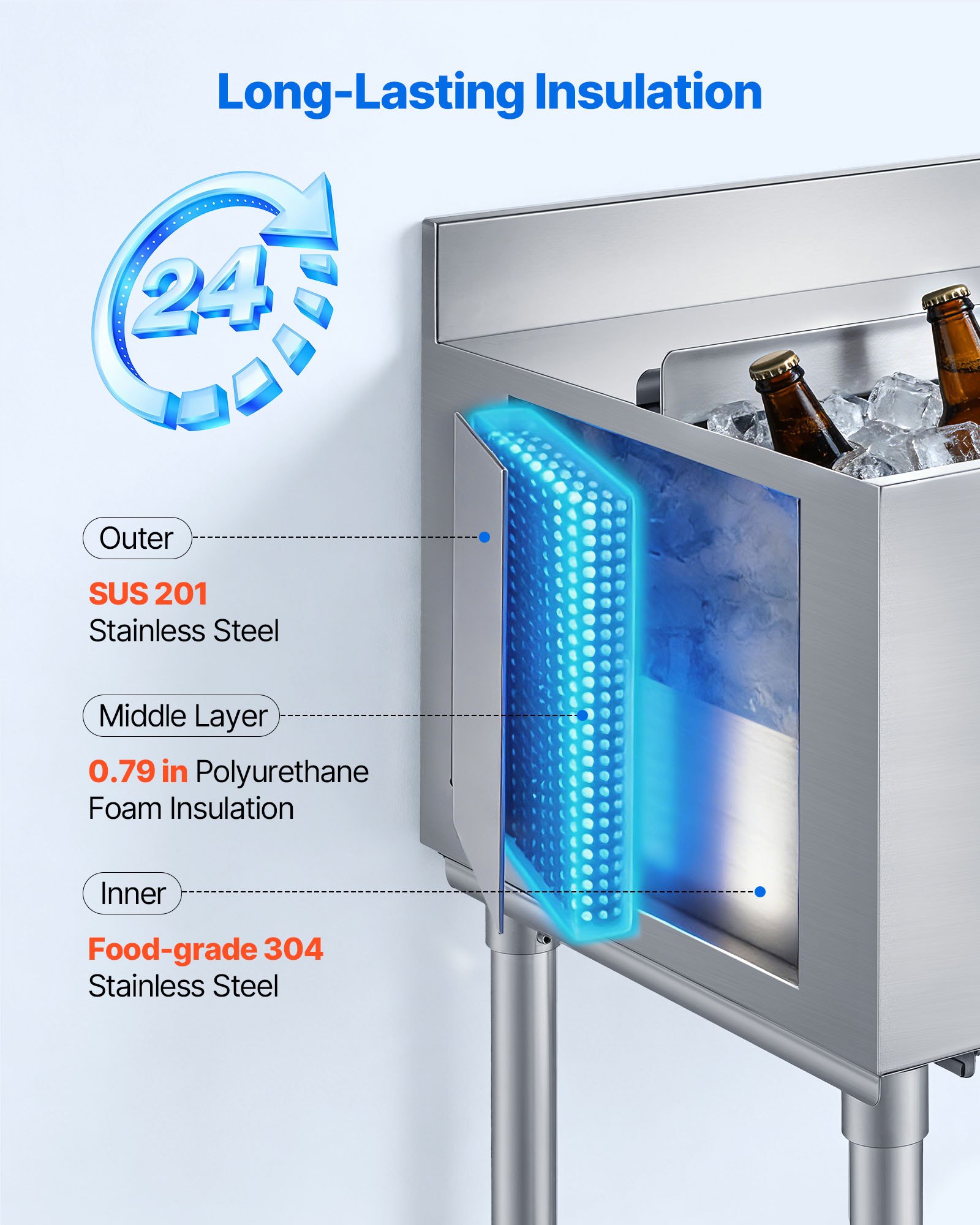 VEVOR Contenedor de Hielo Comercial Capacidad Máxima de 61,6 L, Depósito de Hielo de Acero Inoxidable 61x48,2x85 cm para Debajo de Barra con Tapa Deslizante y Portabotellas para Bar, Restaurante