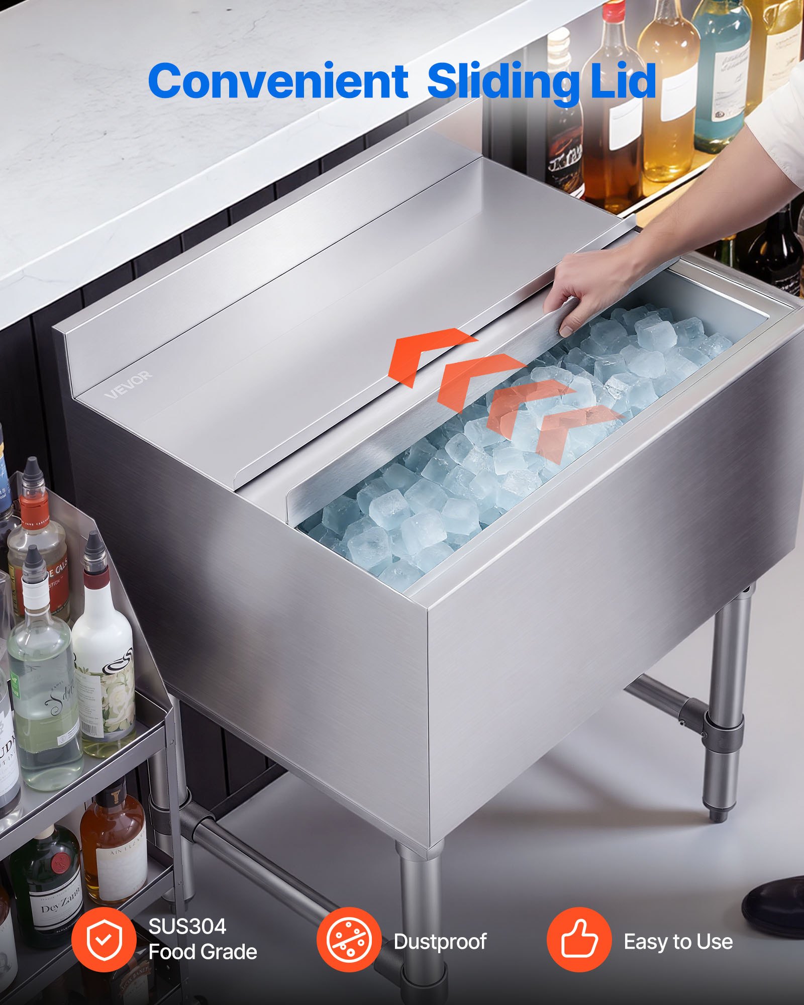 VEVOR Contenedor de Hielo Comercial Capacidad Máxima de 61,6 L, Depósito de Hielo de Acero Inoxidable 61x48,2x85 cm para Debajo de Barra con Tapa Deslizante y Portabotellas para Bar, Restaurante