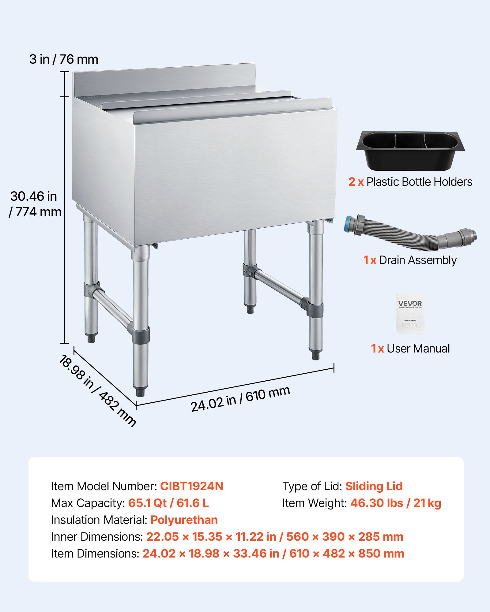 VEVOR Contenedor de Hielo Comercial Capacidad Máxima de 61,6 L, Depósito de Hielo de Acero Inoxidable 61x48,2x85 cm para Debajo de Barra con Tapa Deslizante y Portabotellas para Bar, Restaurante