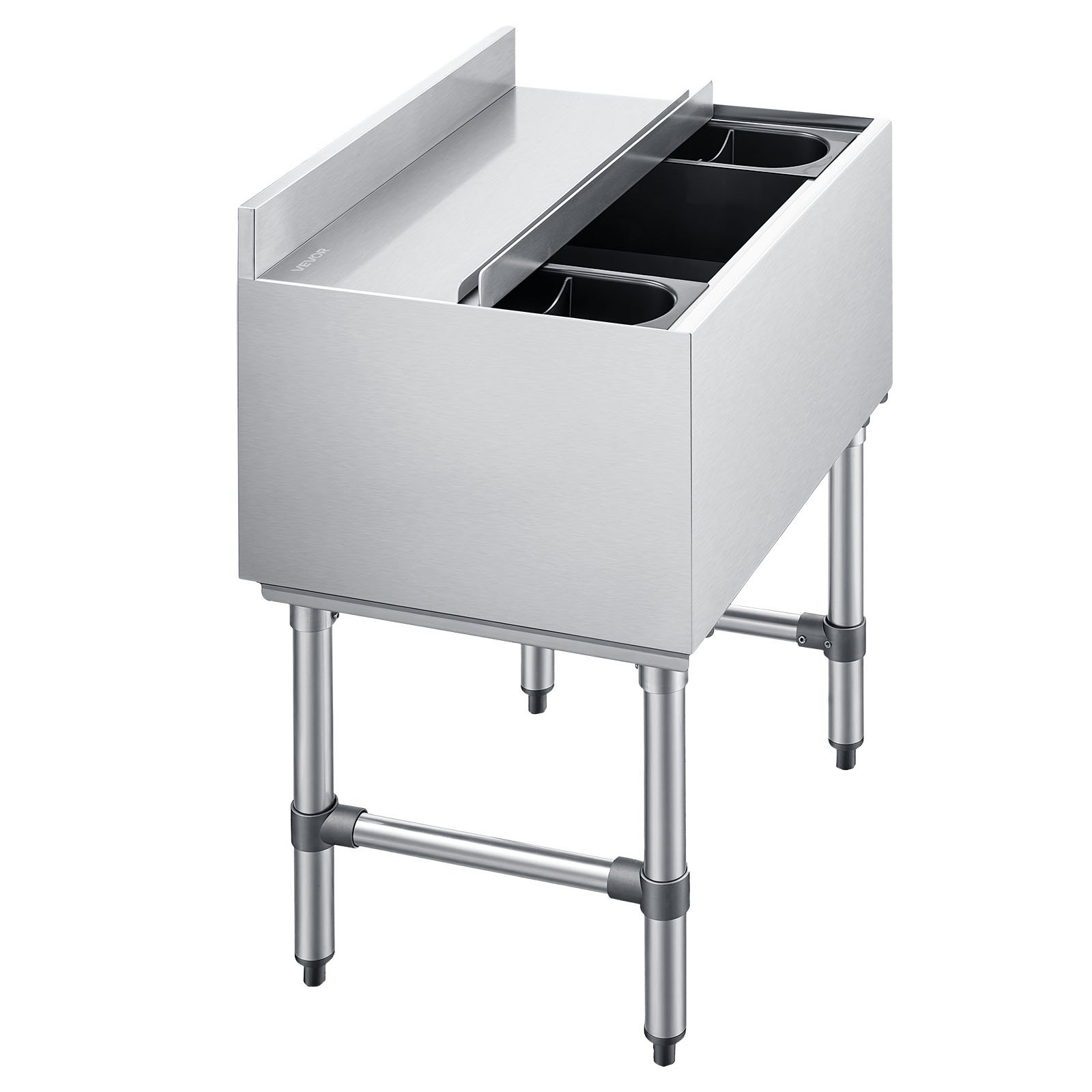 VEVOR Contenedor de Hielo Comercial Capacidad Máxima de 61,6 L, Depósito de Hielo de Acero Inoxidable 61x48,2x85 cm para Debajo de Barra con Tapa Deslizante y Portabotellas para Bar, Restaurante
