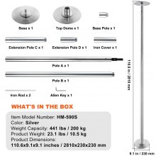 VEVOR Barra de Baile Profesional 2810x230 mm Barra de Baile Estática y Giratoria Kit de Danza en Barra Vertical Extraíble y Portátil Barra de Acero Inoxidable Resistente Altura Ajustable para Bar Club