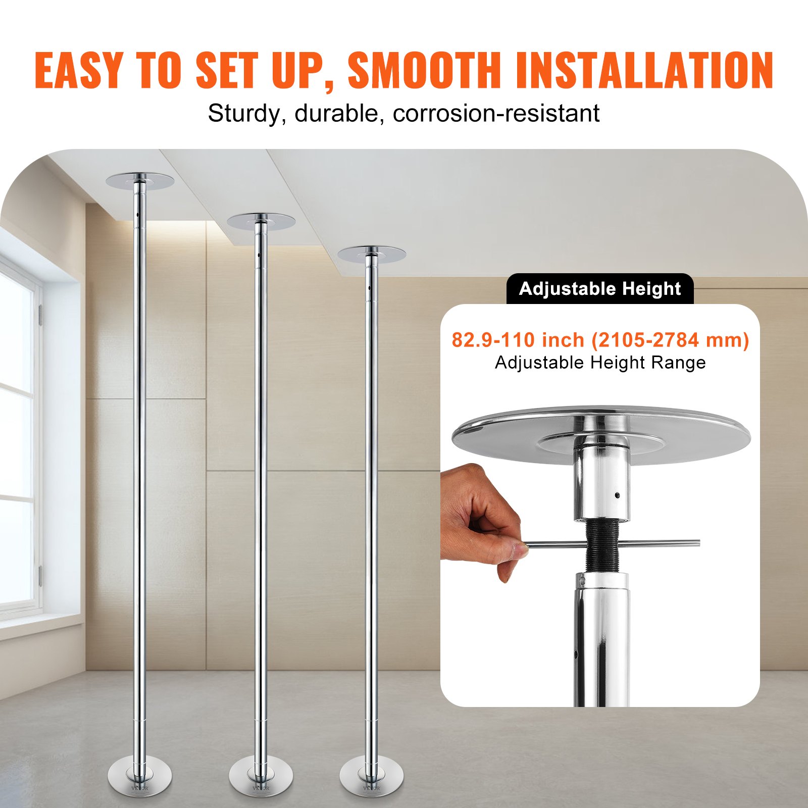 VEVOR Professional Dance Pole, Portable Pole Dance Pole, Professional, Approx. 210.5-278.4 cm, Height Adjustable, Detachable Fitness Pole, Spinning Fitness, Silver, Dance Pole for Gyms, Clubs, and Parties