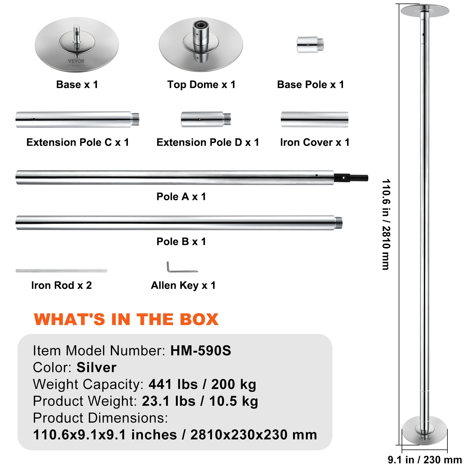 VEVOR Professional Dance Pole, Portable Pole Dance Pole, Professional, Approx. 210.5-278.4 cm, Height Adjustable, Detachable Fitness Pole, Spinning Fitness, Silver, Dance Pole for Gyms, Clubs, and Parties