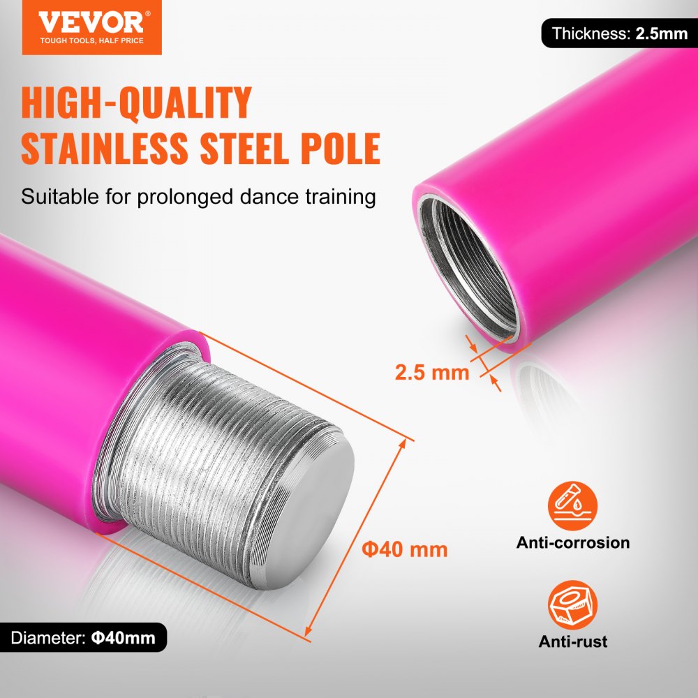 VEVOR Barra de Baile Profesional 2700x390 mm Barra de Baile Estática y Giratoria Kit de Danza en Barra Vertical Extraíble y Portátil Barra de Acero Inoxidable Resistente Altura Ajustable para Bar Club